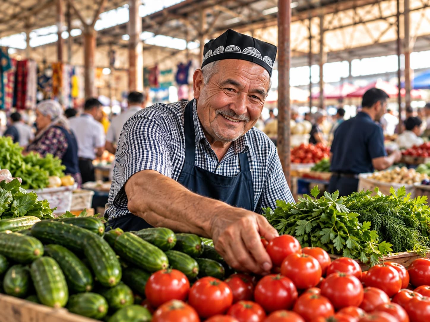 Olmaliq bozoridagi mahalliy mahsulot sotuvchisi